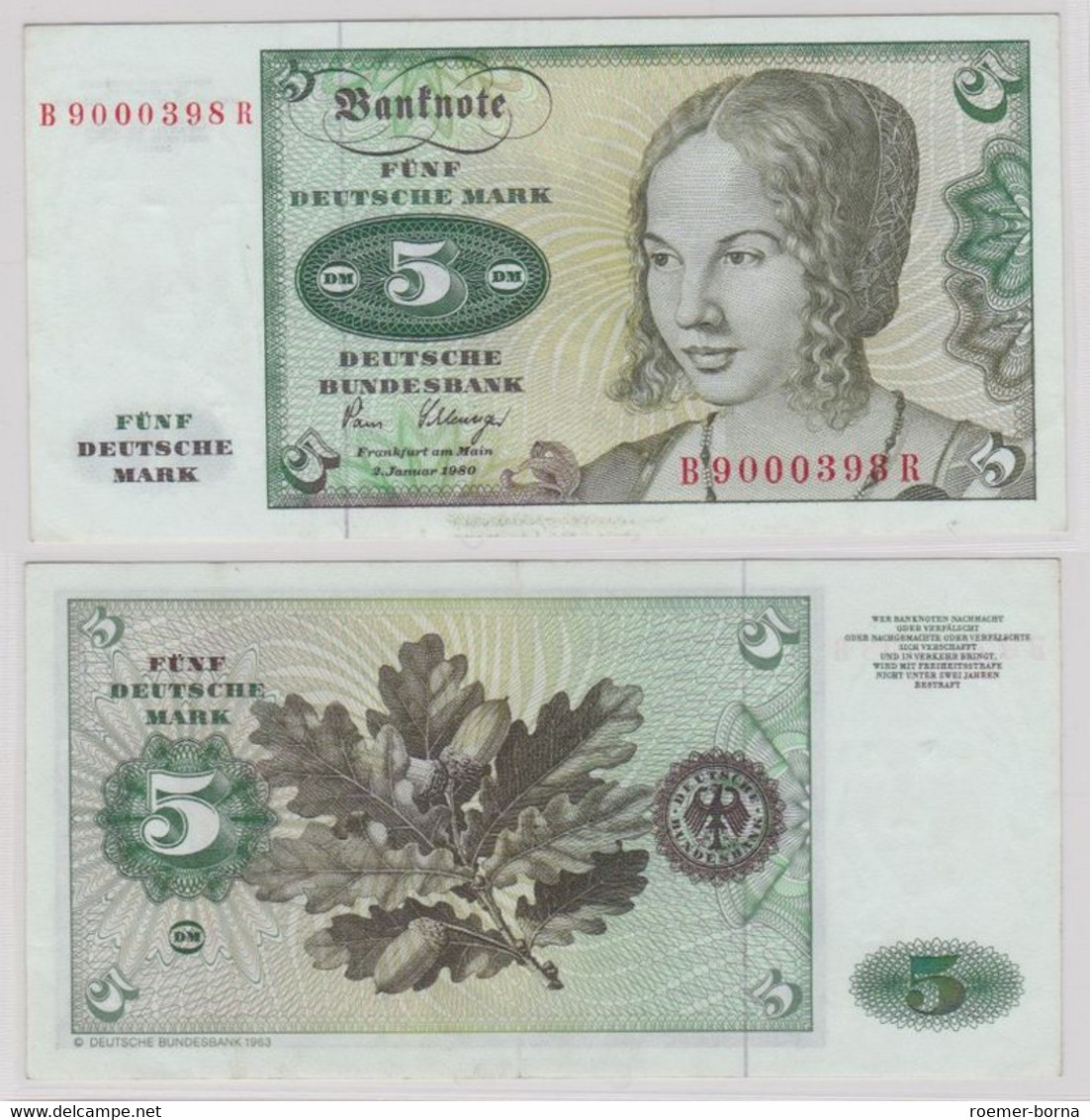 T144473 Banknote 5 DM Deutsche Mark Ro. 285a Schein 2.Januar 1980 KN B 9000398 R - 5 DM