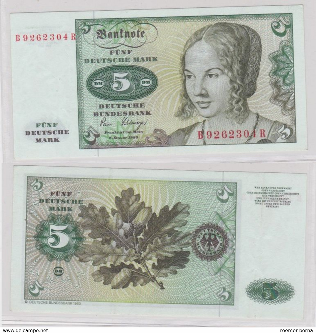 T144713 Banknote 5 DM Deutsche Mark Ro. 285a Schein 2.Januar 1980 KN B 9262304 R - 5 Deutsche Mark