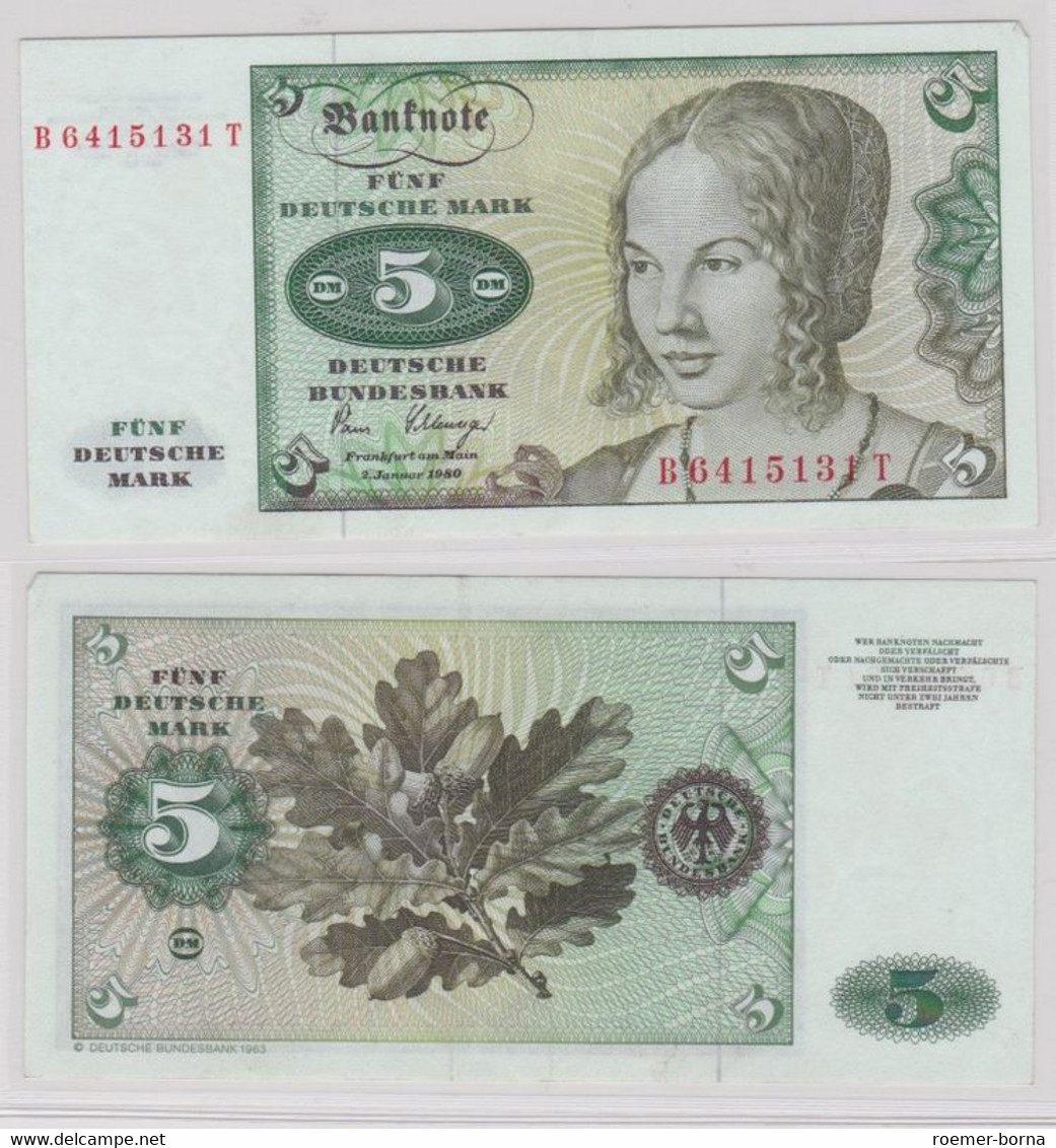 T144719 Banknote 5 DM Deutsche Mark Ro. 285a Schein 2.Januar 1980 KN B 6415131 T - 5 Deutsche Mark