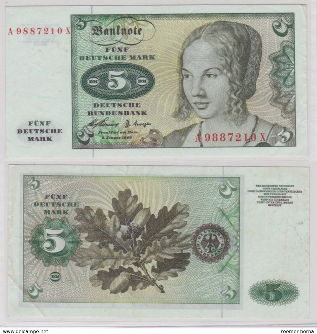 T144756 Banknote 5 DM Deutsche Mark Ro. 262e Schein 2.Januar 1960 KN A 9887210 X - 5 DM