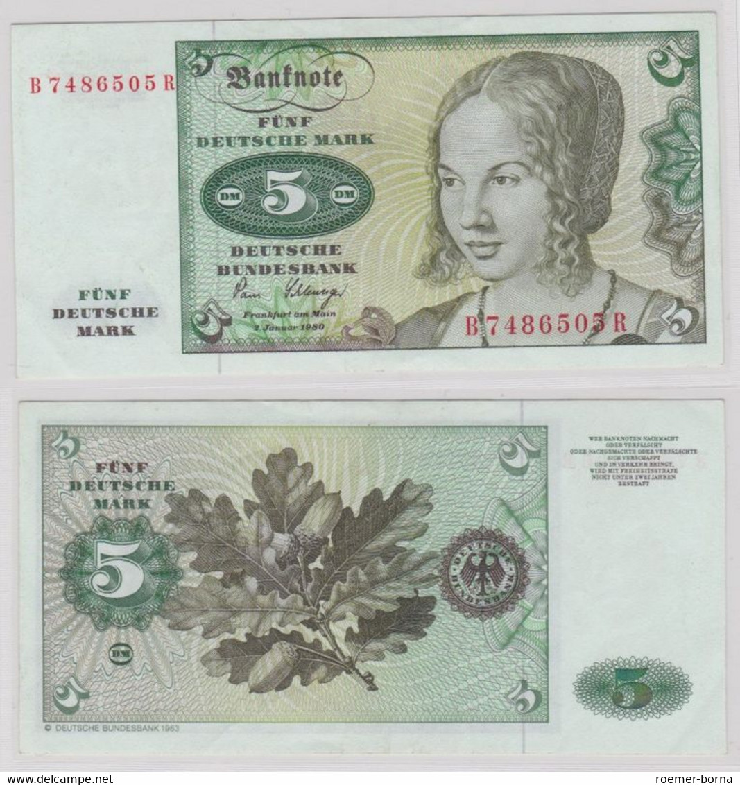 T144780 Banknote 5 DM Deutsche Mark Ro. 285a Schein 2.Januar 1980 KN B 7486505 R - 5 DM