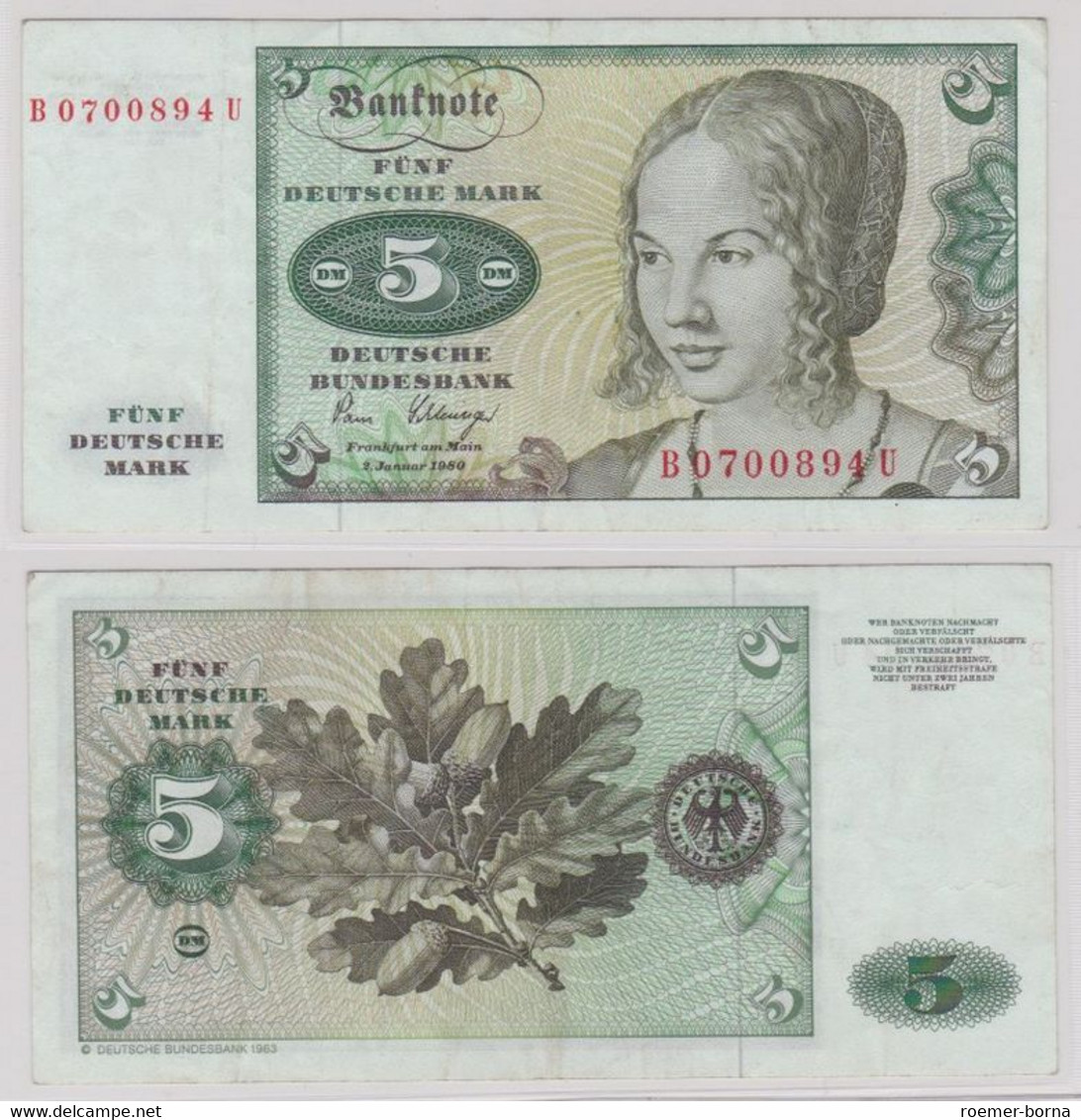 T144741 Banknote 5 DM Deutsche Mark Ro. 285a Schein 2.Januar 1980 KN B 0700894 U - 5 Deutsche Mark