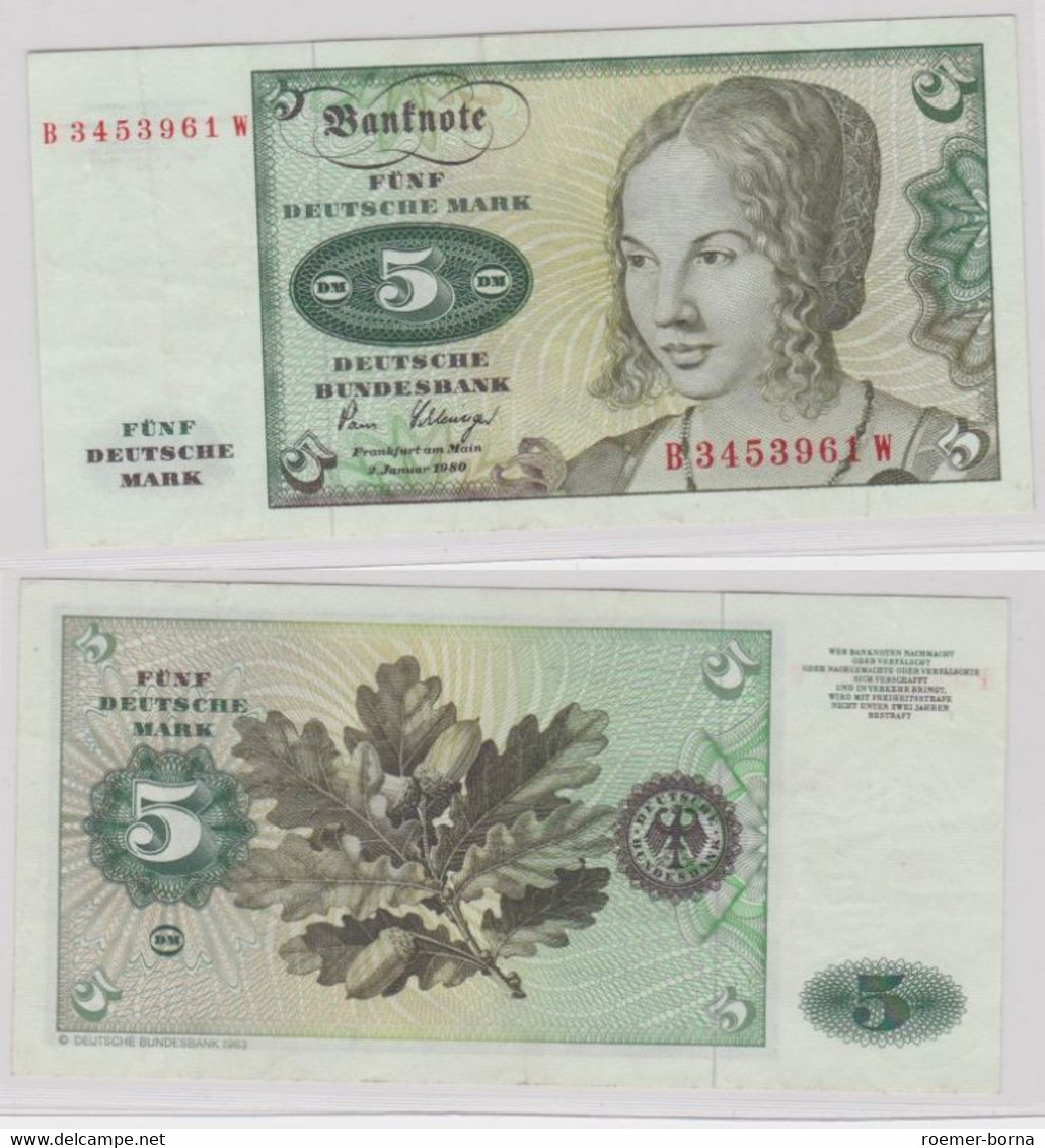 T144798 Banknote 5 DM Deutsche Mark Ro. 285a Schein 2.Januar 1980 KN B 3453961 W - 5 DM