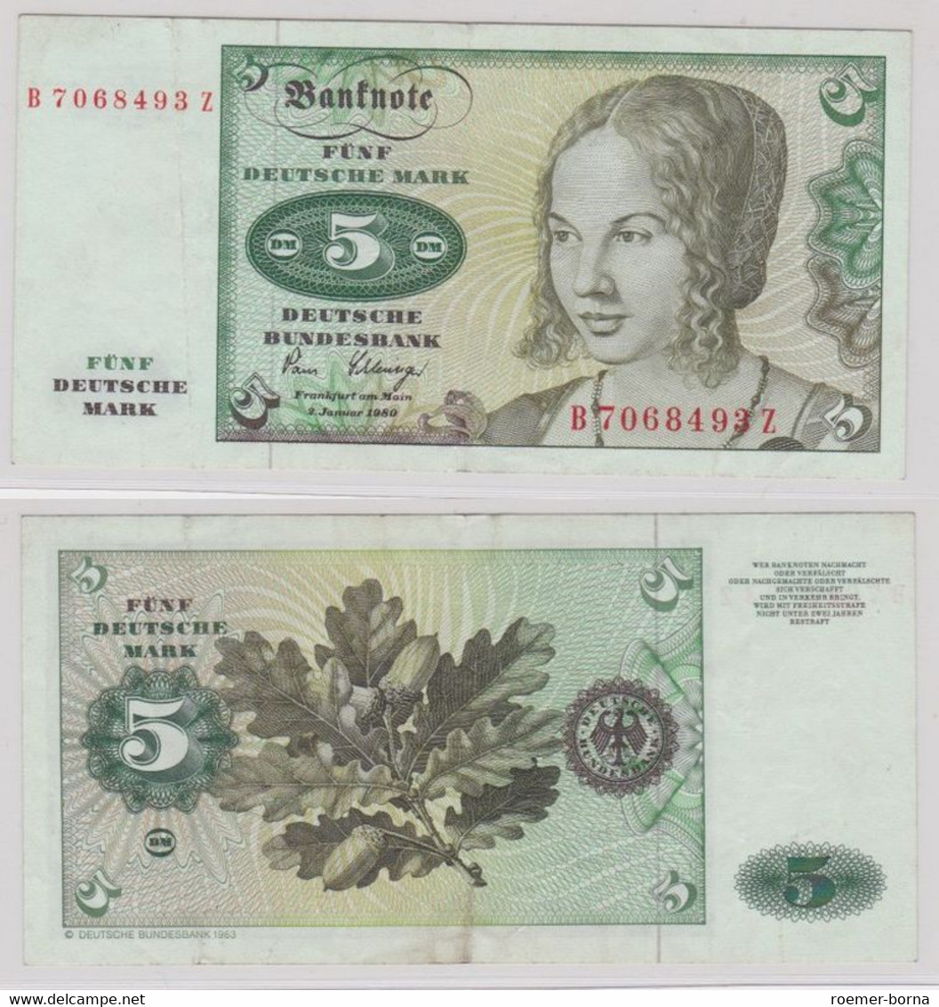 T144827 Banknote 5 DM Deutsche Mark Ro. 285a Schein 2.Januar 1980 KN B 7068493 Z - 5 DM