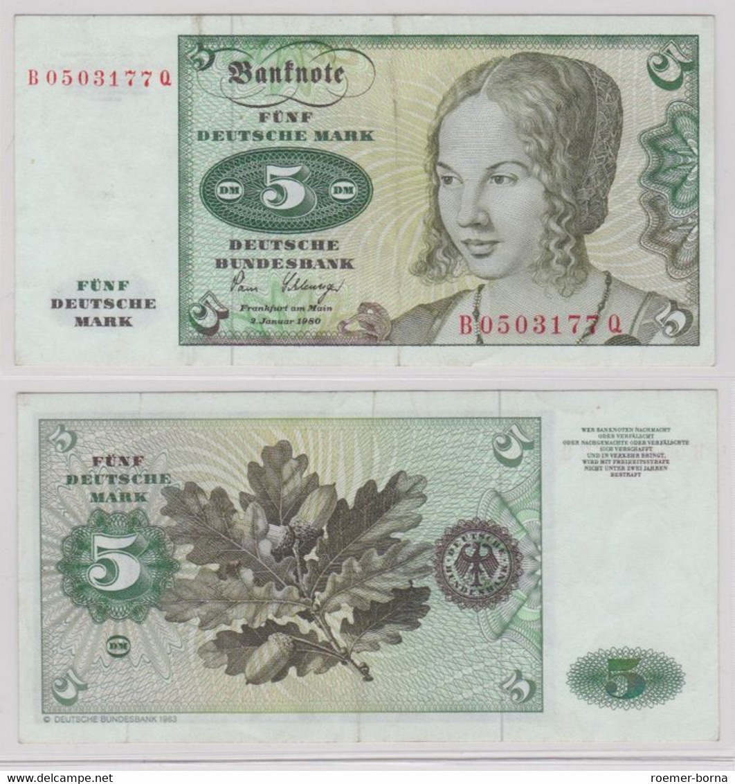 T144834 Banknote 5 DM Deutsche Mark Ro. 285a Schein 2.Januar 1980 KN B 0503177 Q - 5 Deutsche Mark