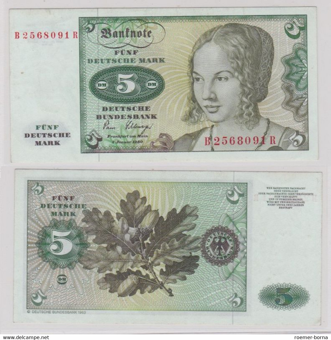 T144833 Banknote 5 DM Deutsche Mark Ro. 285a Schein 2.Januar 1980 KN B 2568091 R - 5 DM