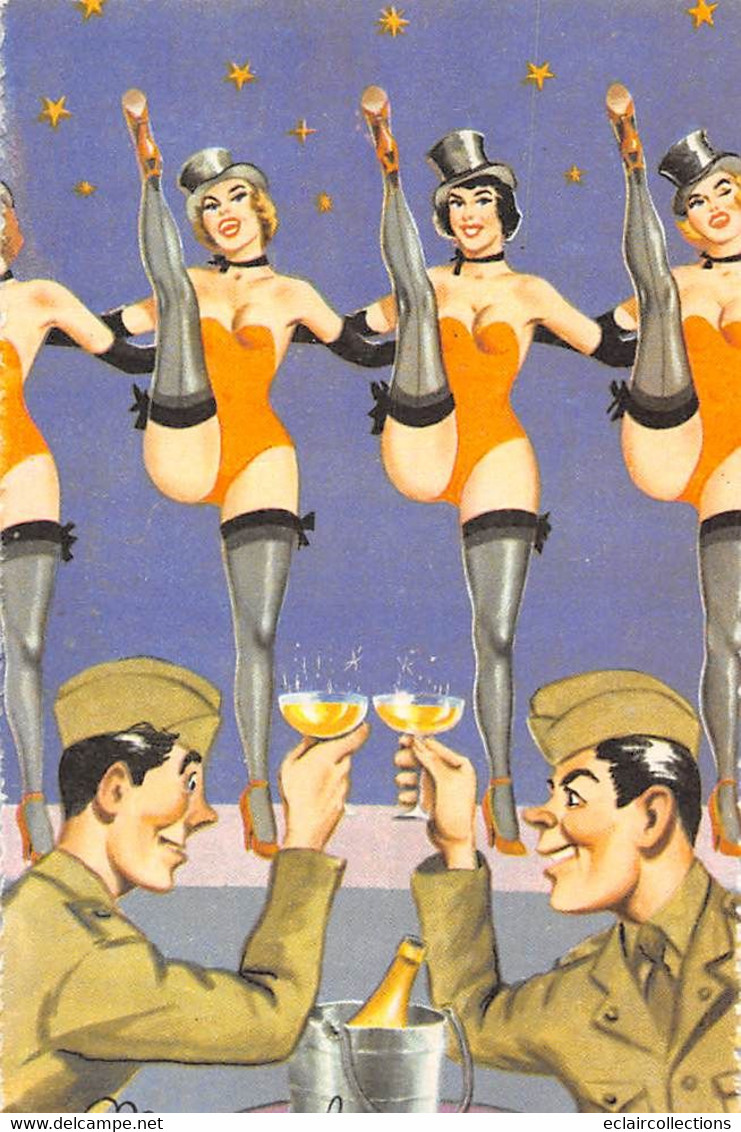 Spectacle: Cabaret  Music-Hall 2 Militaires Et Danseuses Genre French-Cancan    (Voir Scan) - Cabaret