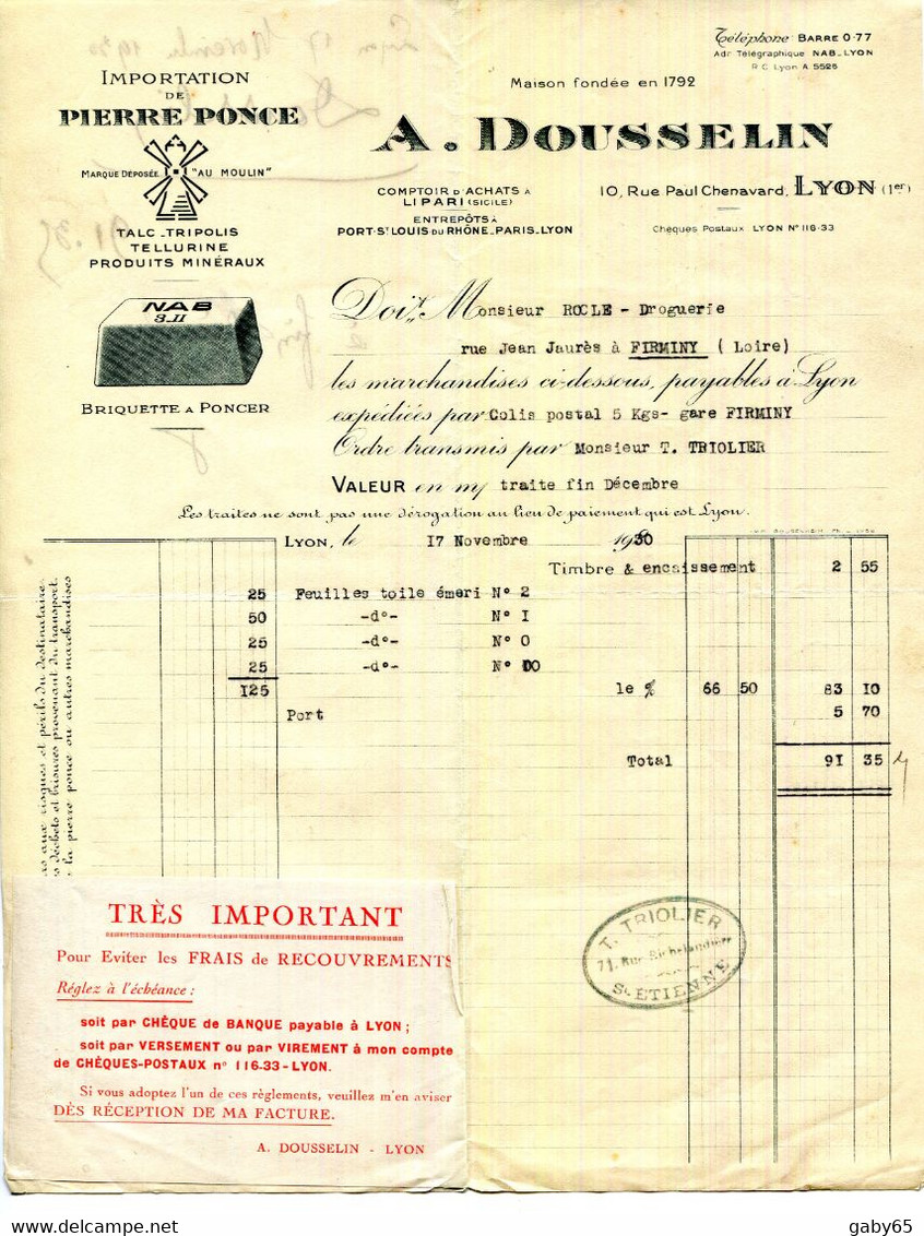 69.LYON.IMPORTATION DE PIERRE PONCE.TALC.TELLURINE.A.DOUSSELIN 10 RUE CHENAVARD.COMPTOIR D'ACHATS A LIPARI.SICILE. - Droguerie & Parfumerie