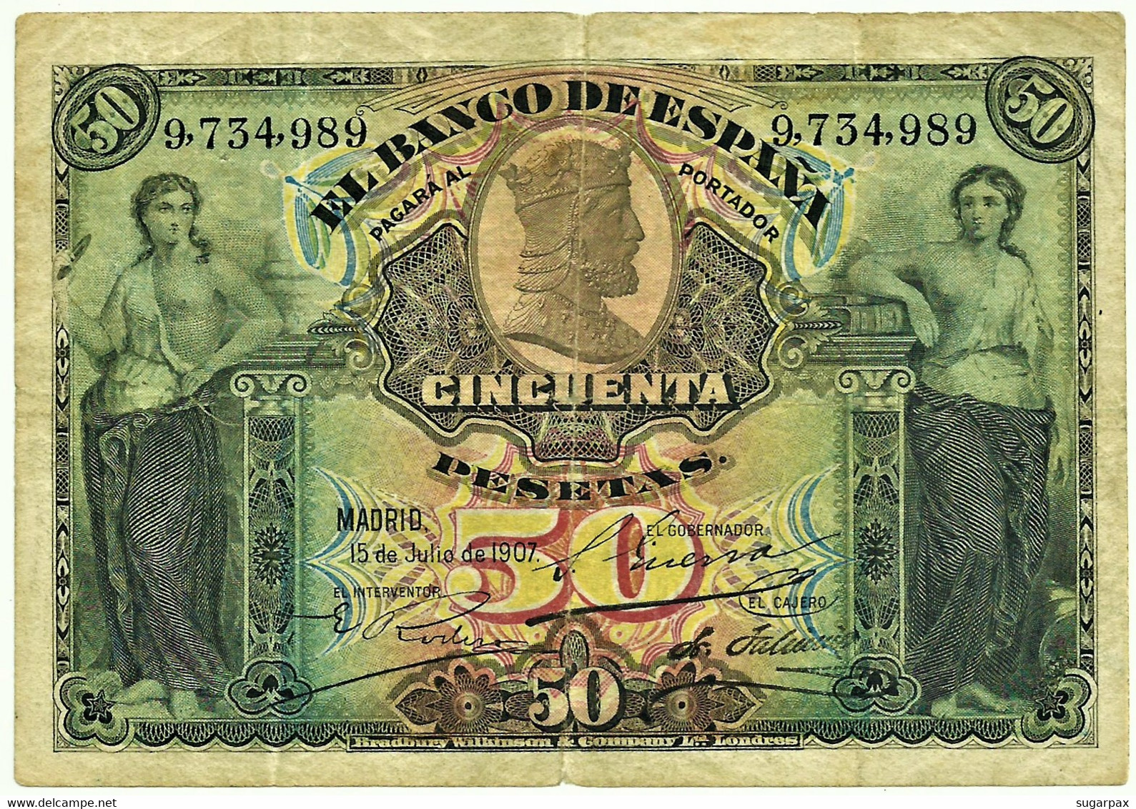 ESPAÑA - 50 Pesetas - 15.07.1907 - Pick 63.a - Sin Serie - Kingdom - Alfonso XIII - 50 Peseten