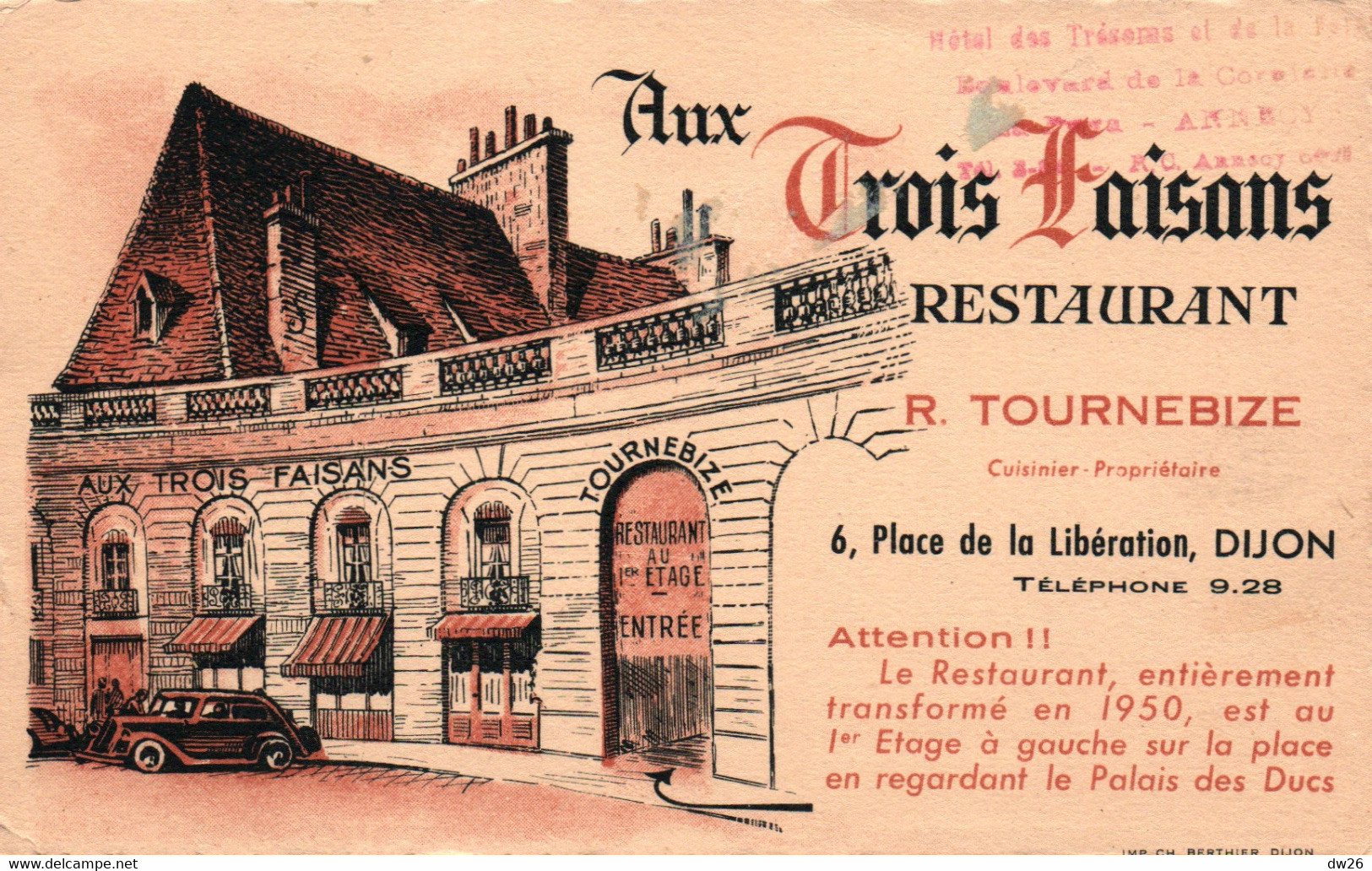 Dijon - Restaurant Aux Trois Faisans (R. Tournebize) Carte Non Circulée - Restaurants