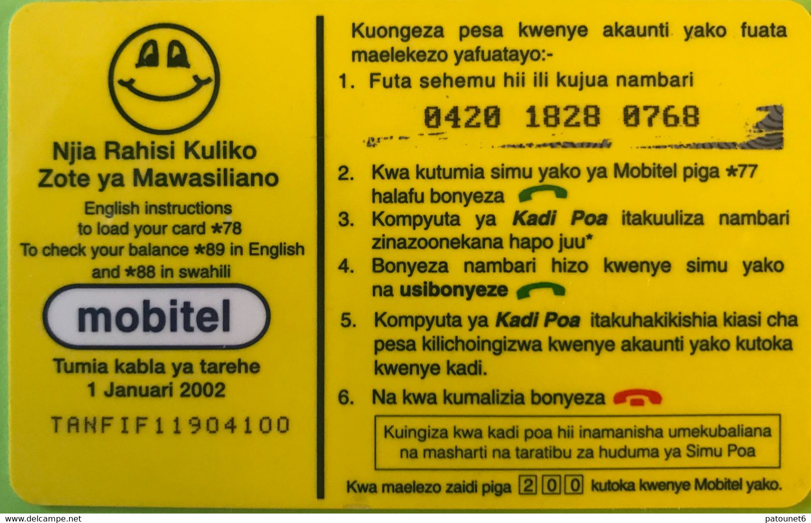 TANZANIE  -   Prepaid  - Mobitel  - Kadi POA  -  $ 10.00 - Tanzania