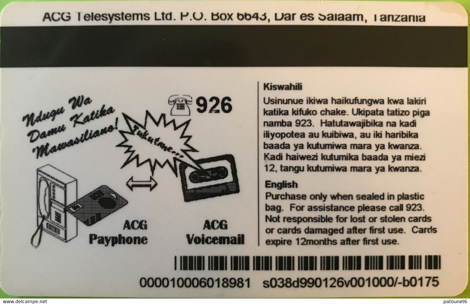 TANZANIE  -   Recharge   -  ACG TELESYSTEMS  -  1000/= - Tanzanie