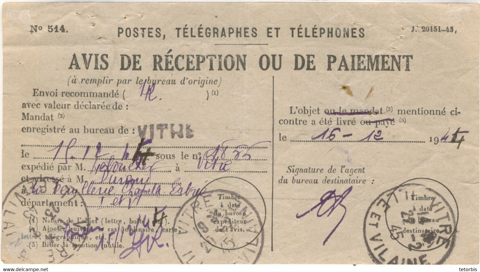 RARETE- 3f IRIS TARIF AVIS DE RECEPTION DEMANDE APRES LE DEPOT DELIVRE LE 16/12/44 ET DEMANDE LE 20/02/45 - 1921-1960: Modern Period