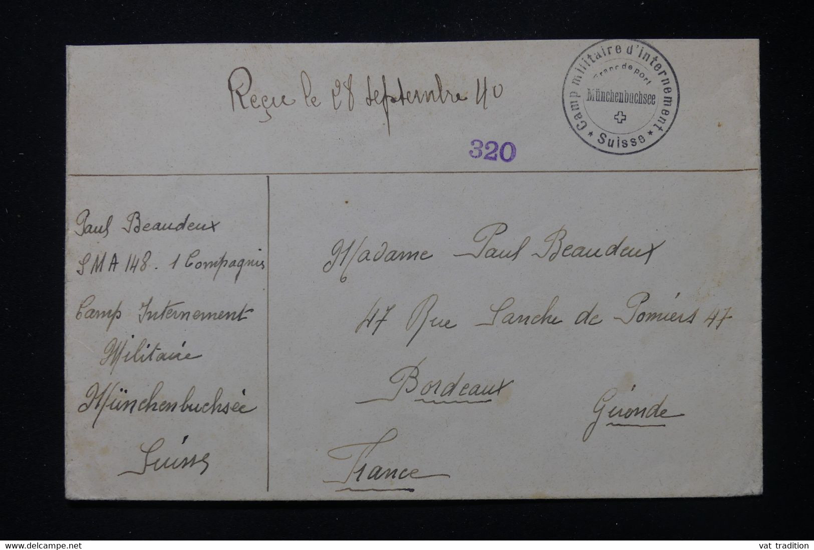 FRANCE / SUISSE - Enveloppe D'un Français Du Camp D'Internement De Münchenbuchsee Pour Bordeaux En 1940 - L 85442 - WW II