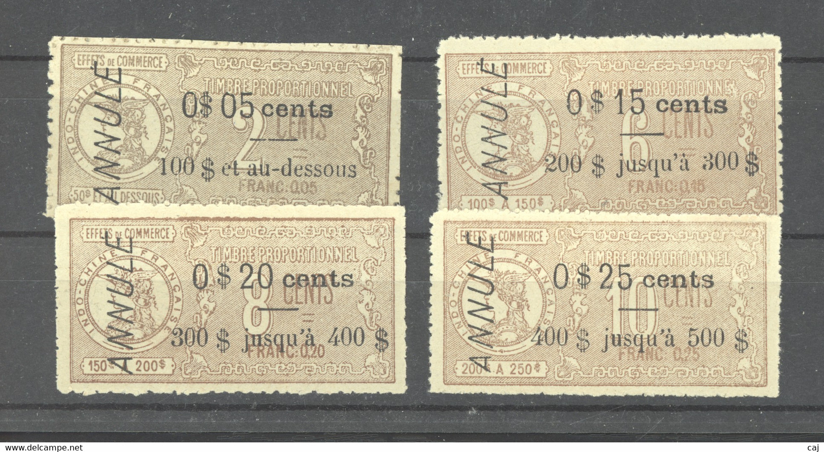 0co  624 -  Indochine  -  Fiscaux  :   Timbres Proportionnels  5 + 15 + 20 + 25 Cents  ANNULE - Otros & Sin Clasificación