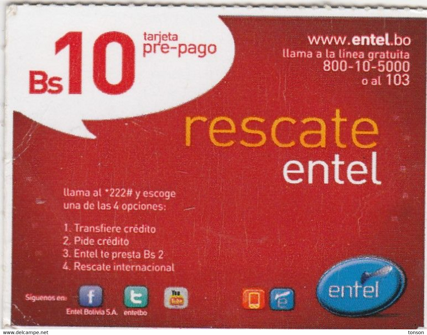 Bolivia, BO-EMV-276B, Rescate Entel, 2 Scans.   No Point After Code Number - Bolivië