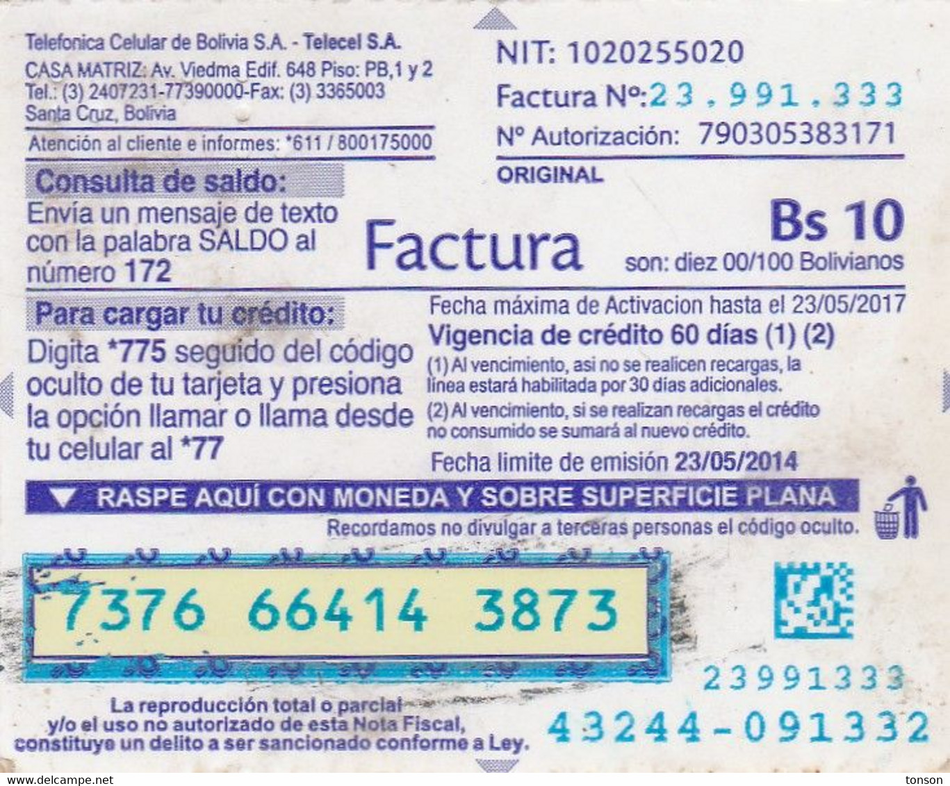 Bolivia, BO-Tigo-28F, Promociones Tigo De Bs 10, 2 Scans.   Exp. : 23/05/2017 - Bolivië