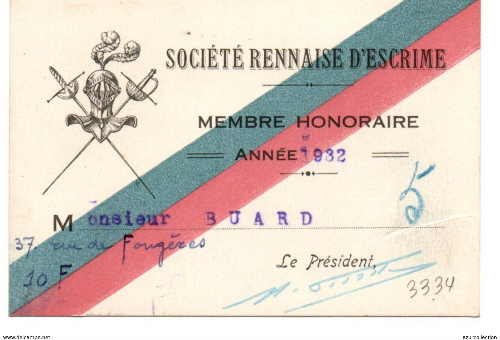 CARTE SOCIETE RENNAISE D'ESCRIME . 1932 - Fechten