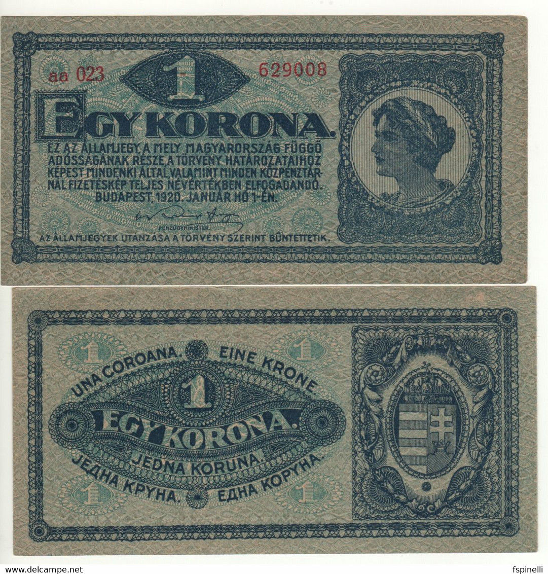 HUNGARY   1  Korona  P57  (dated 1.1.1920) - Hungary