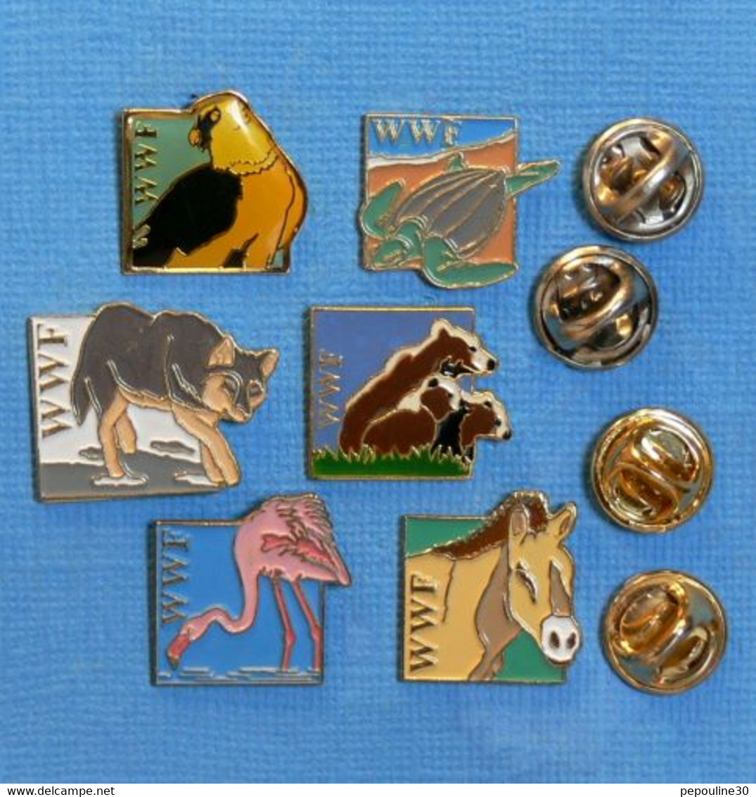 6 PIN'S // ** WWF / FONDS MONDIAL POUR LA NATURE / L'AIGLE / LA TORTUE / LE LOUP / L'OURS / LE FLAMANT ROSE / L’ÂNE ** - Animali