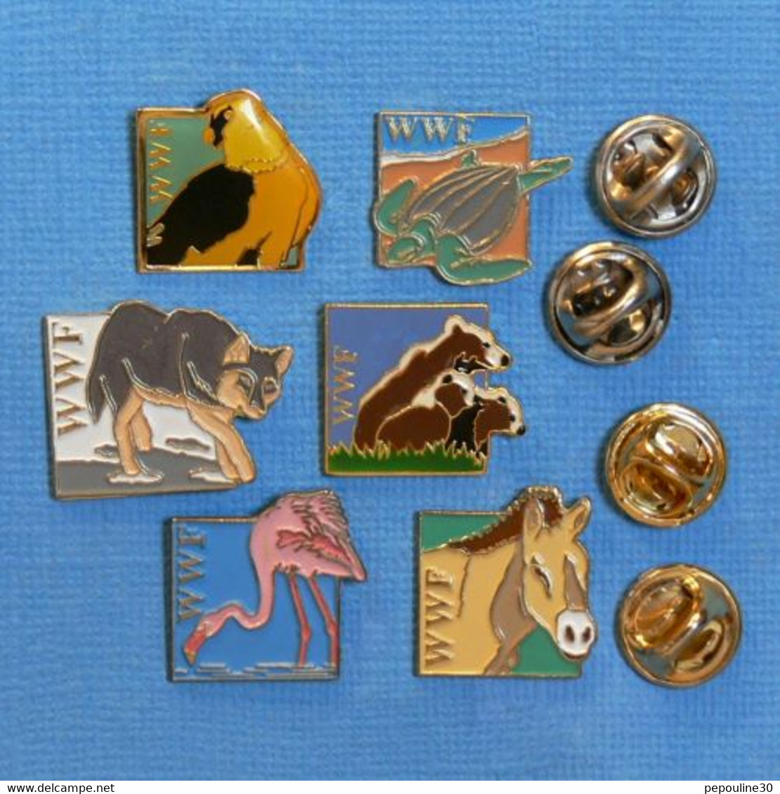 6 PIN'S // ** WWF / FONDS MONDIAL POUR LA NATURE / L'AIGLE / LA TORTUE / LE LOUP / L'OURS / LE FLAMANT ROSE / L’ÂNE ** - Animali