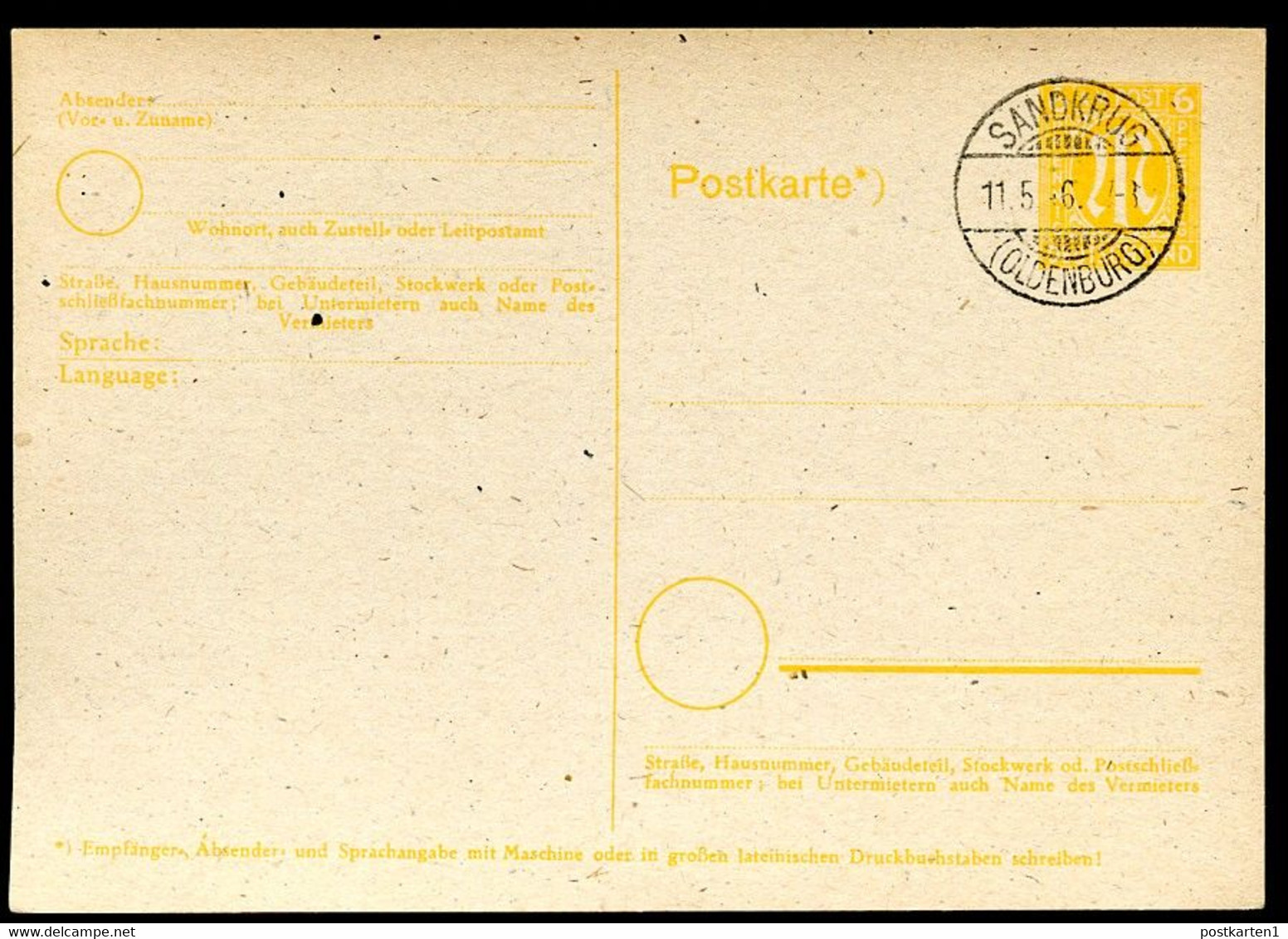 BRITISCHE ZONE P 905 Postkarte Sandkrug (Hatten) 11.5.1946 - Voorlopige Uitgaves Britse Zone