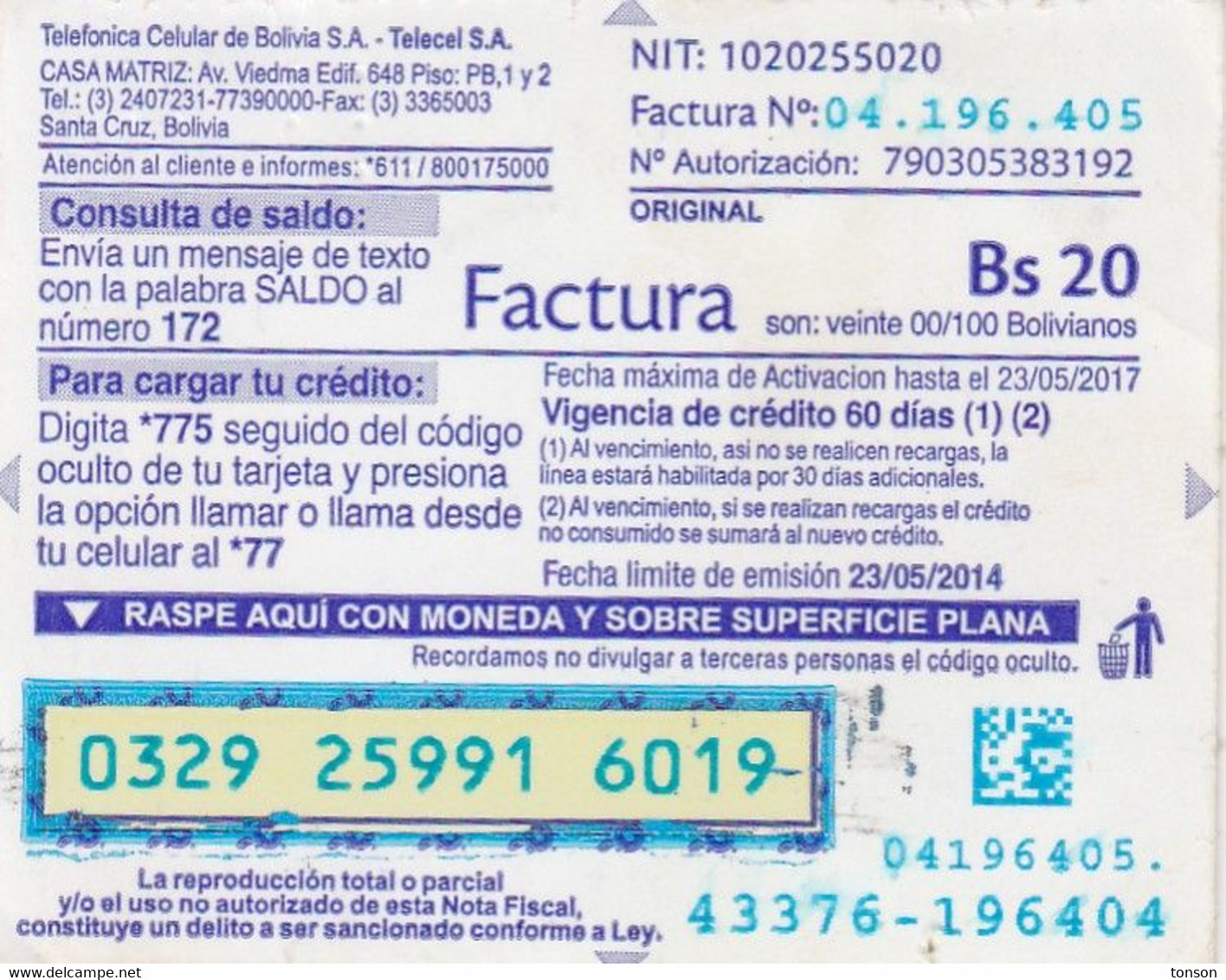 Bolivia, BO-Tigo-30?, Promociones Tigo De Bs 20, 2 Scans.   Exp. : 23/05/2014 - Bolivie