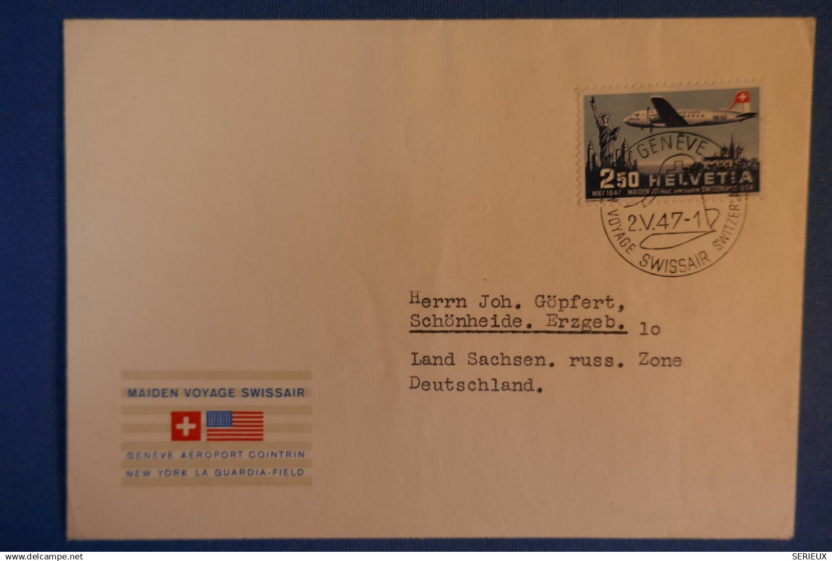 D 89 SUISSE BELLE LETTRE SWISSAIR 1947 GENEVE POUR ALLEMAGNE RARE LAND SAXE RUSSE - Other & Unclassified