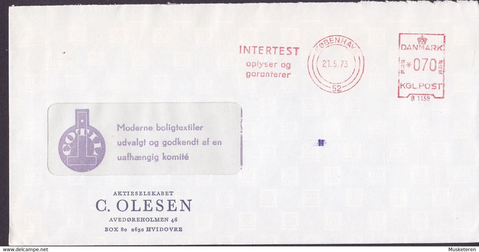 Denmark C. OLSEN, Avedøreholmen Hvidovre Slogan Flamme 'Intertest' 'B 1159' KØBENHAVN 1973 Meter Cover Brief - Machines à Affranchir (EMA)