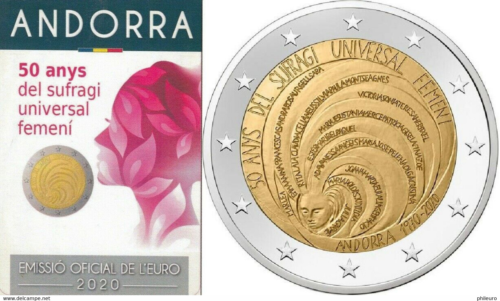 Andorre 2020 : 2€ Commémorative "50 Ans Du Suffrage Universel Féminin" En Coincard - Disponible En France - Andorre