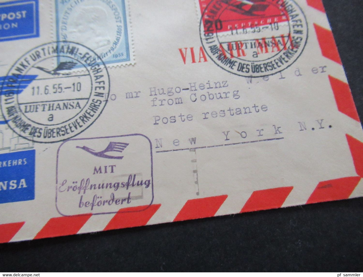 BRD 1955 Luftpost Lufthansa Mit Erstflug Befördert FFM - New York Poste Restante / Aufnahme Des Transatlantik Verkehrs - Cartas & Documentos