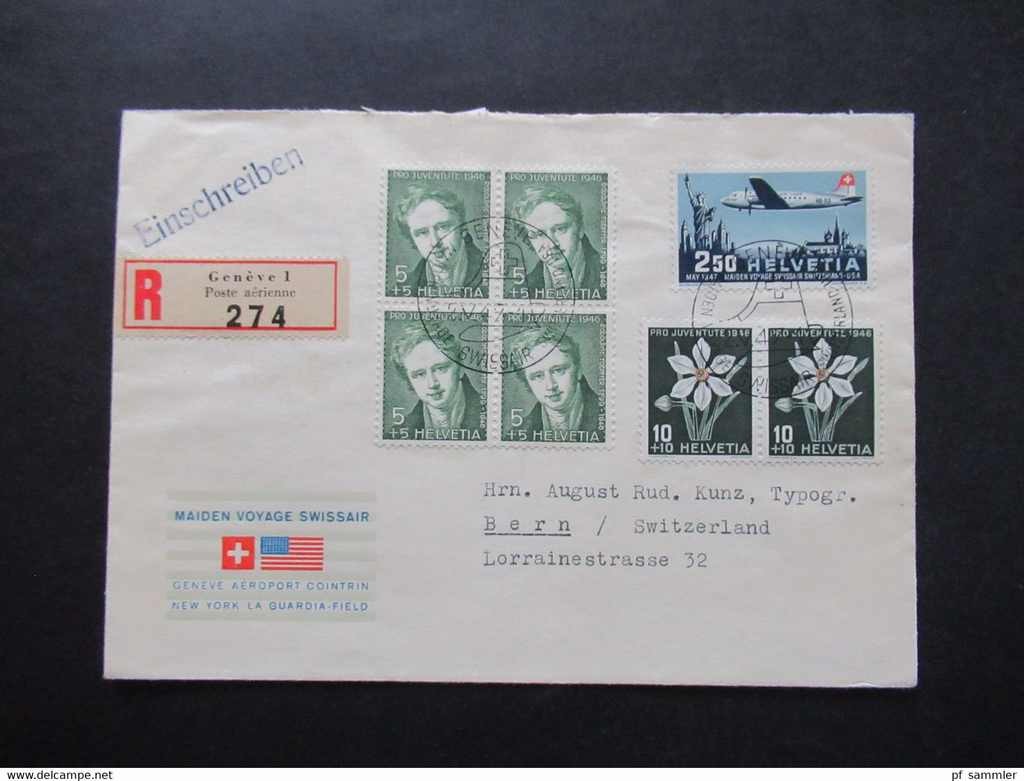 1947 Erstflug Swissair Nr.479 FDC MiF Pro Juventute Nr.475 (Viererblock) U. Nr.476 Einschreiben Geneve 1 Poste Aerienne - Storia Postale