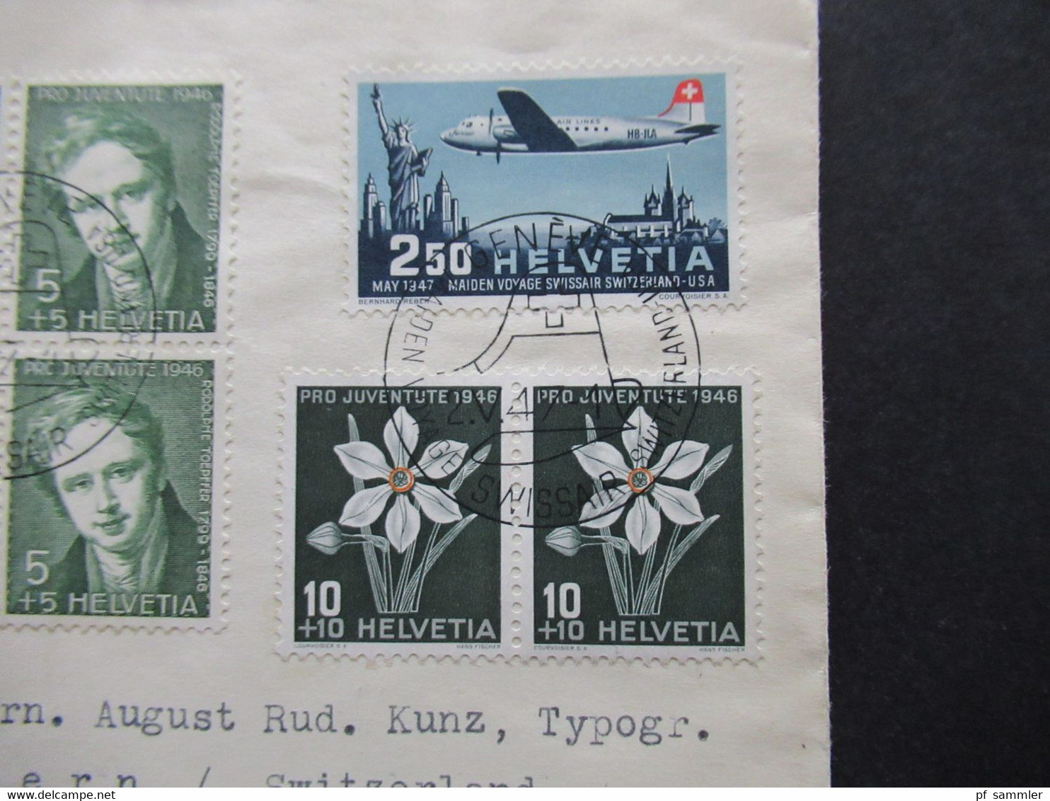 1947 Erstflug Swissair Nr.479 FDC MiF Pro Juventute Nr.475 (Viererblock) U. Nr.476 Einschreiben Geneve 1 Poste Aerienne - Briefe U. Dokumente