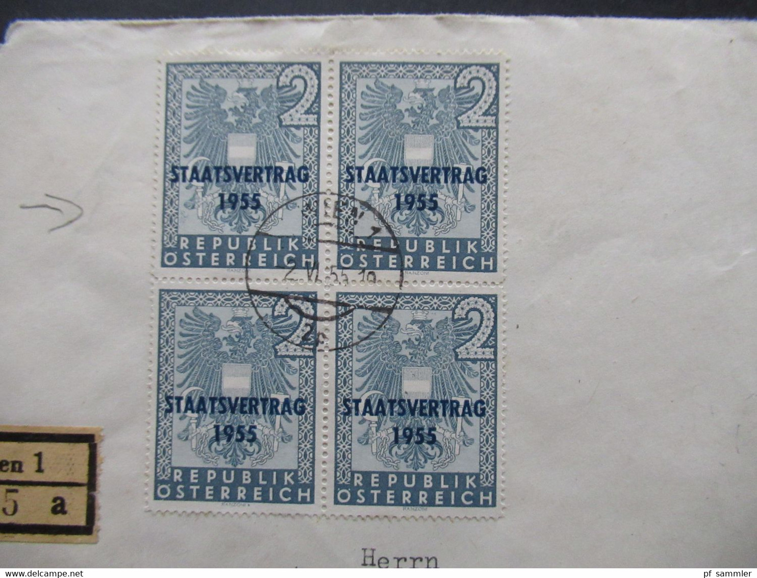 1955 Staatsvertrag Nr. 1017 Viererblock 1x Plattenfehler I "Spinnweben" Einschreiben Wien 1 Ank. Bischofsheim über Hanau - Covers & Documents