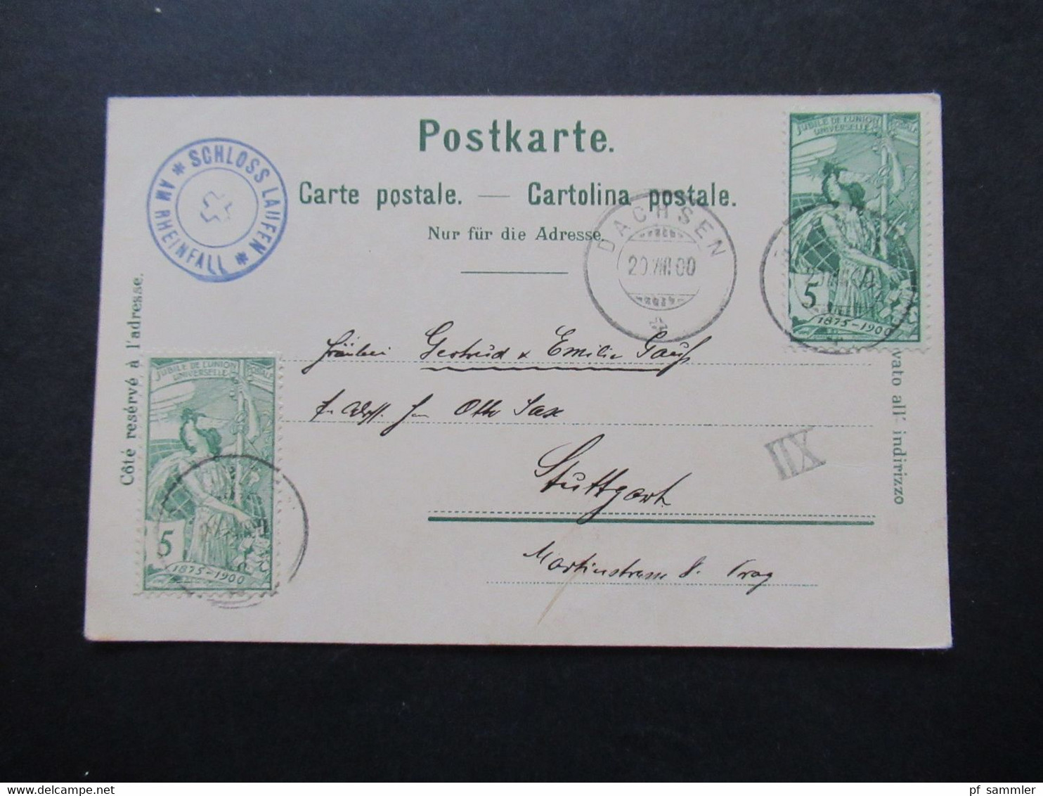 Schweiz AK 1900 Rheinfall Schloss Laufen Auto Chrom Louis Glaser Nach Stuttgart Stempel XII Nr. 71 UPU 2 Verschied. Farb - Storia Postale