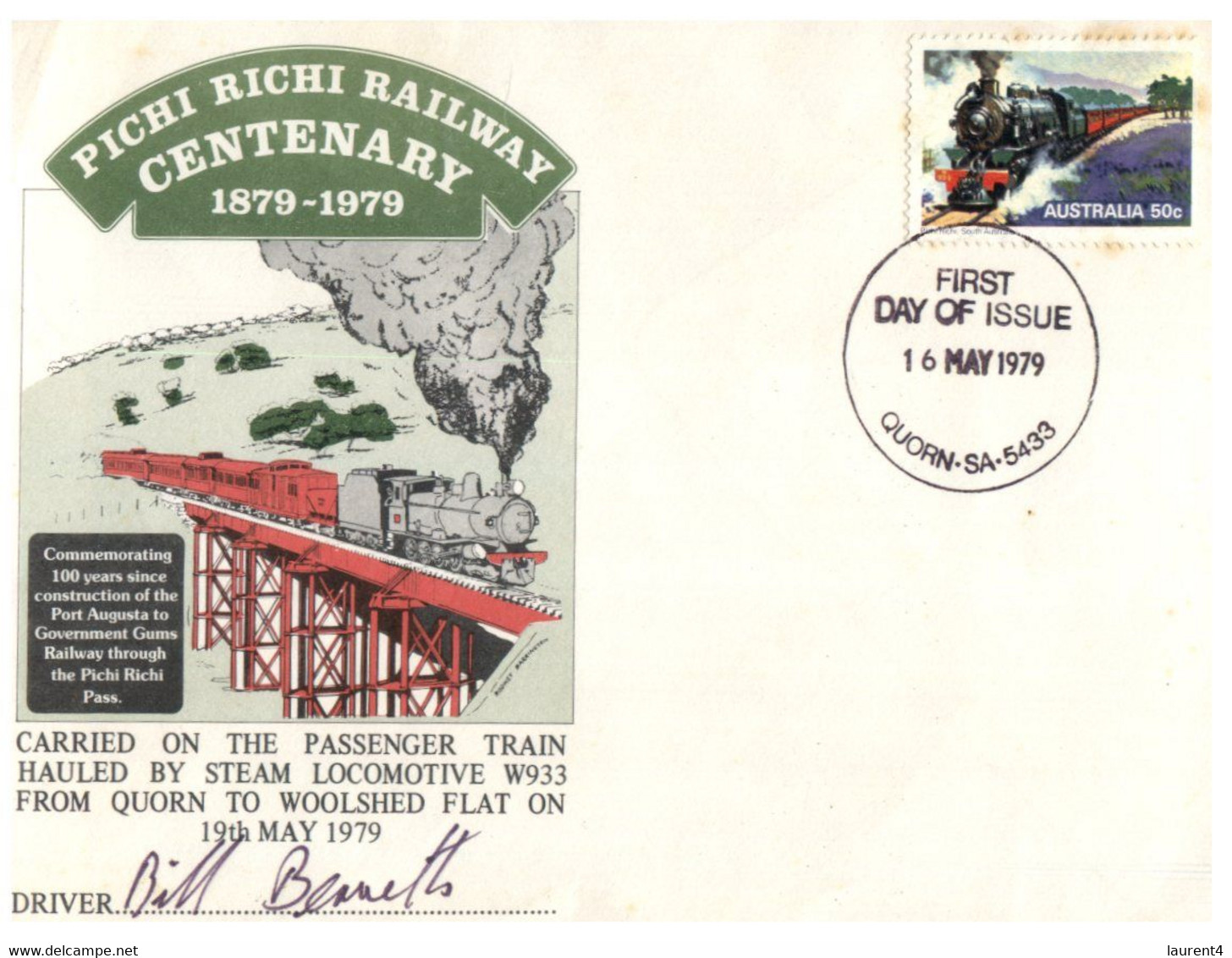 (FF 19) Australia - Pichi Richi Railway Centenary (1979 CANCELLED & SIGNED) - Autres & Non Classés