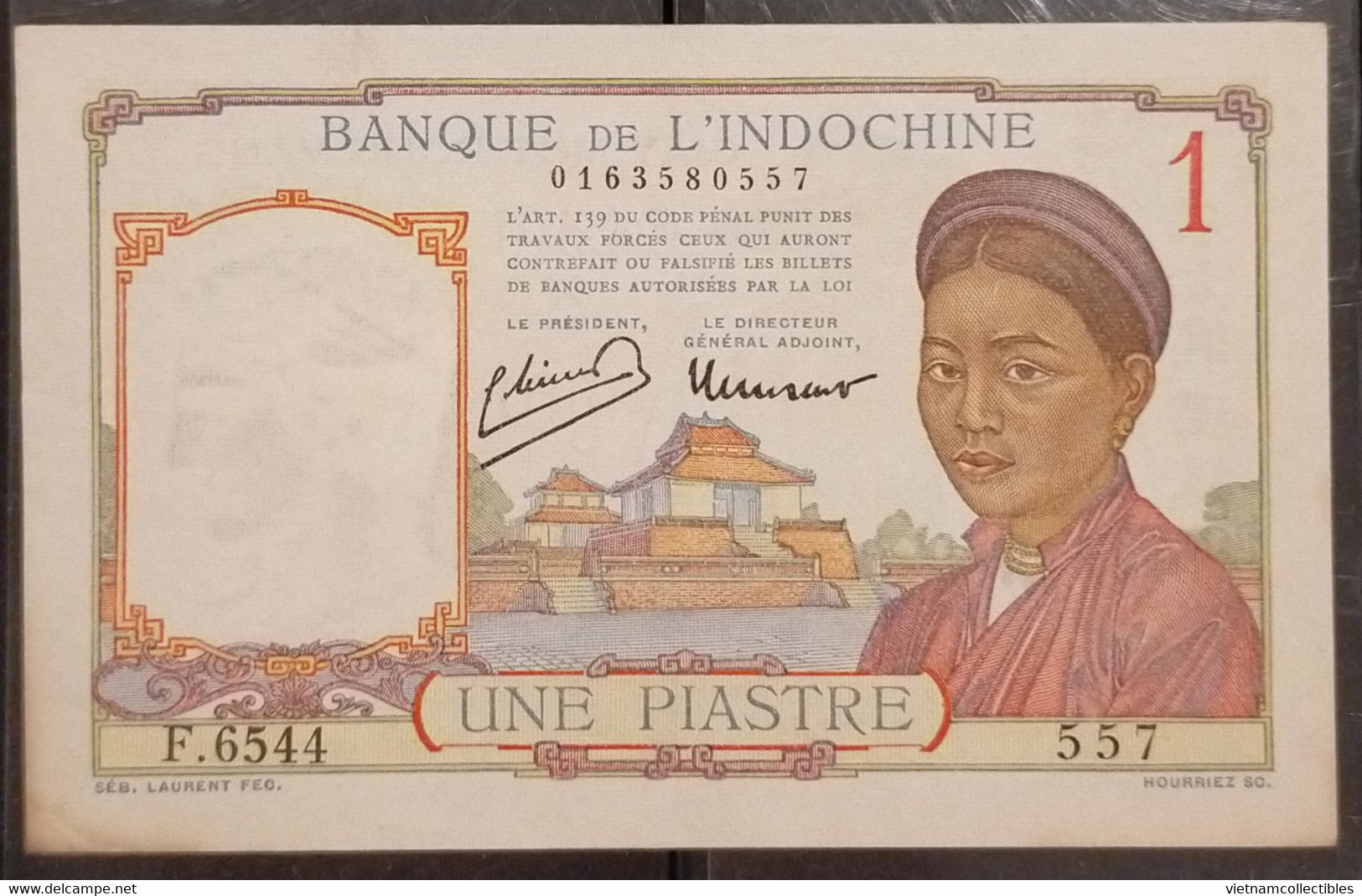 Indochina Indo China Indochine Vietnam Cambodia 1 Piastre AU Banknote Note Billet 1932-49 - Pick # 54c Old Laos Text - Indocina