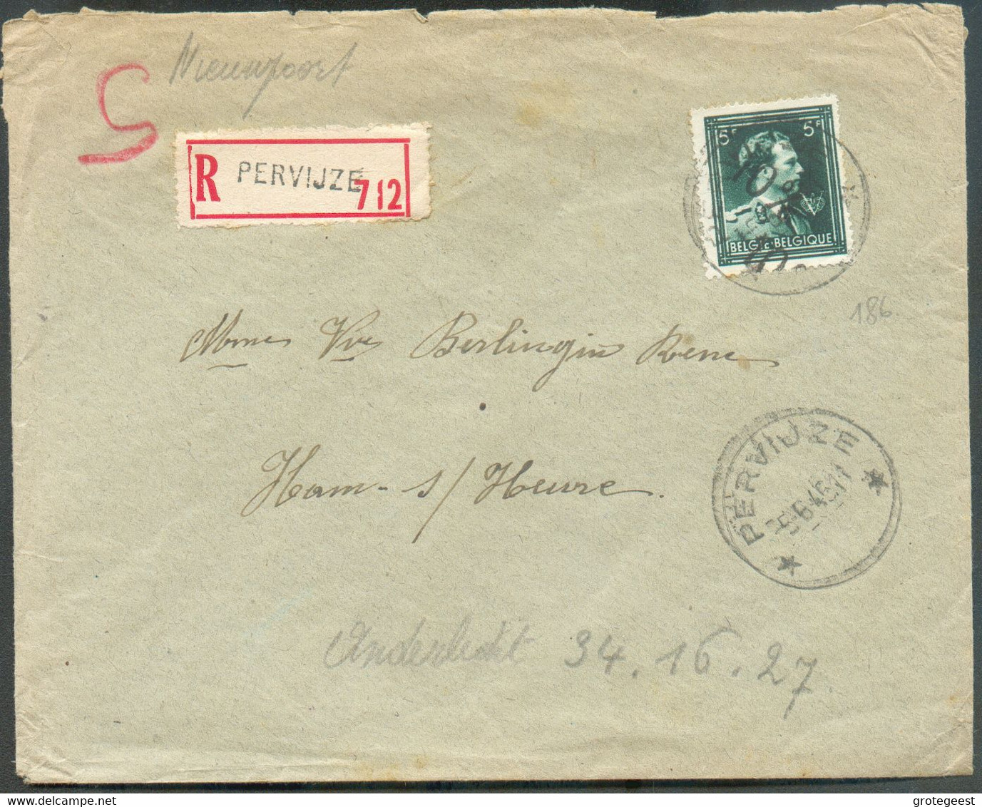 5 Fr. LEOPOLD III V, Surchargé -10% (t. 186) Obl. Sc Relais De PERVYSE * Sur Lettre Recommandée Du 5-6-1946 Vers Ham-sur - 1946 -10%