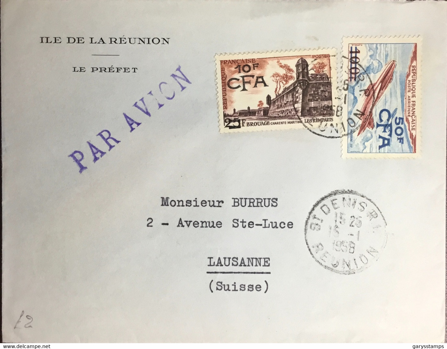 Reunion 1958 Cover To Switzerland With Surcharges - Storia Postale