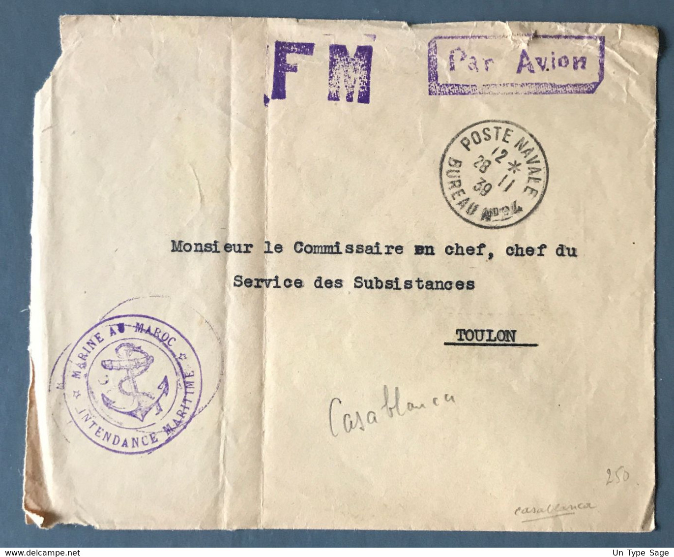 France, Enveloppe FM - TAD POSTE NAVALE BUREAU N°24 - 28.11.1939, MARINE AU MAROC - (C1402) - 2. Weltkrieg 1939-1945