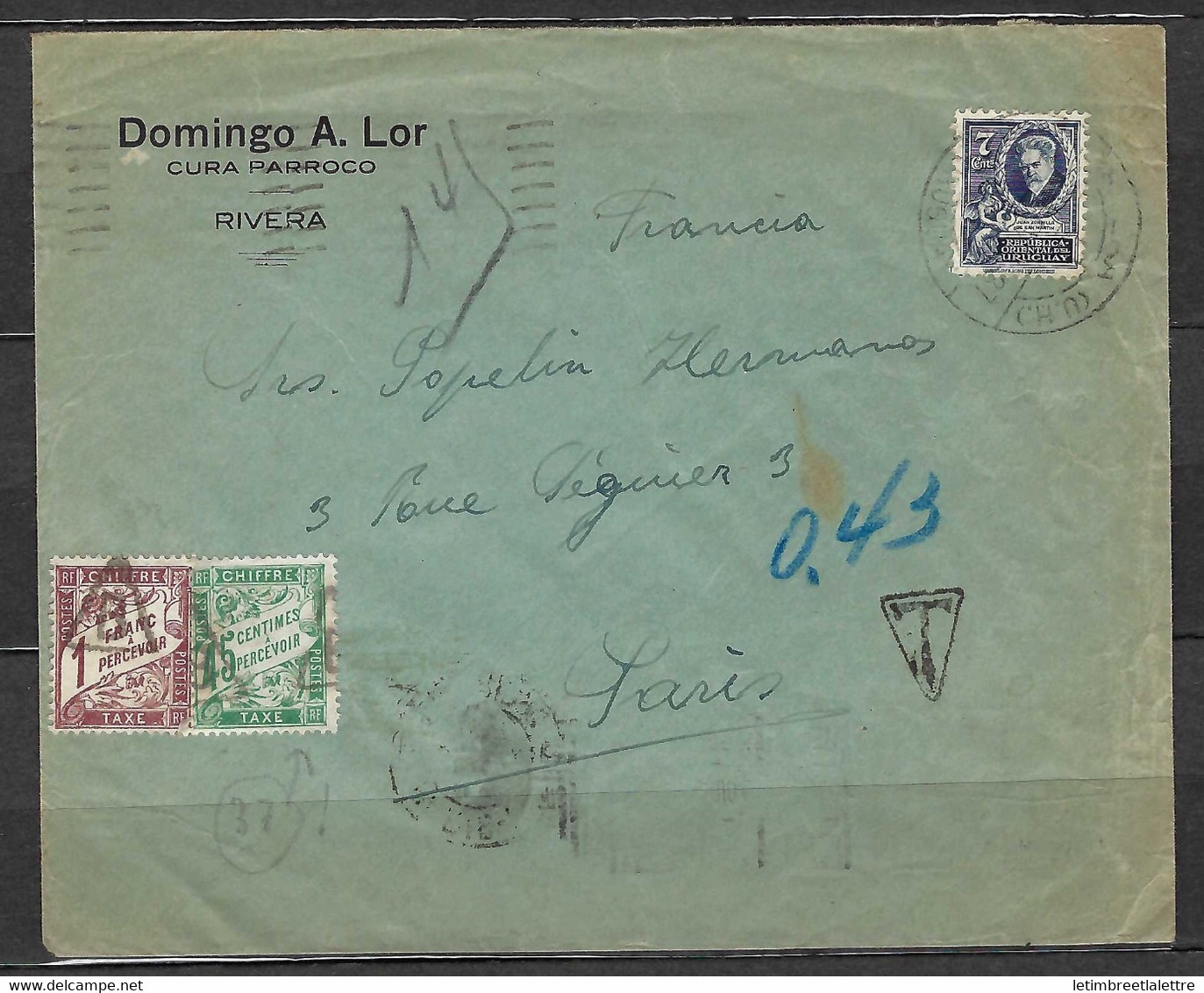 ⭐ Uruguay - Lettre Taxée Pour Paris En 1937 ⭐ - Uruguay