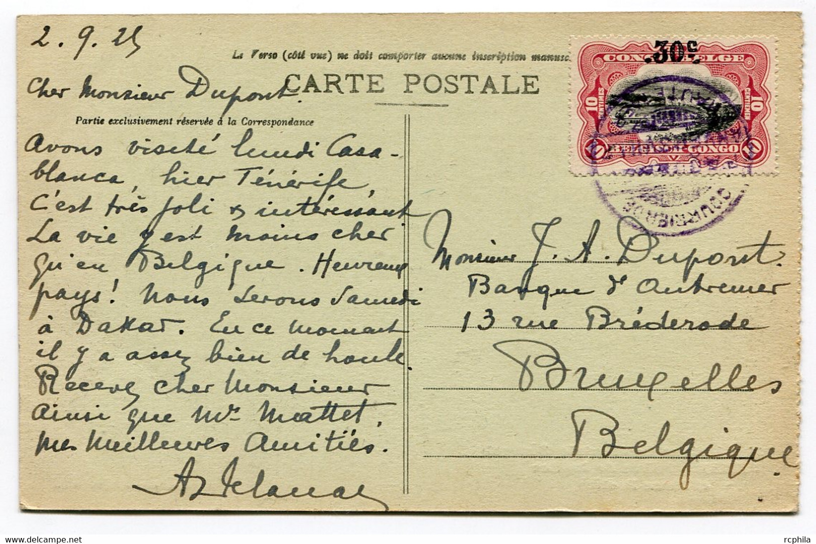 RC 19871 CONGO BELGE 1925 COURRIER DE HAUTE MER PAQUEBOT SUR CARTE DE DAKAR SENEGAL POUR LA BELGIQUE - Brieven En Documenten