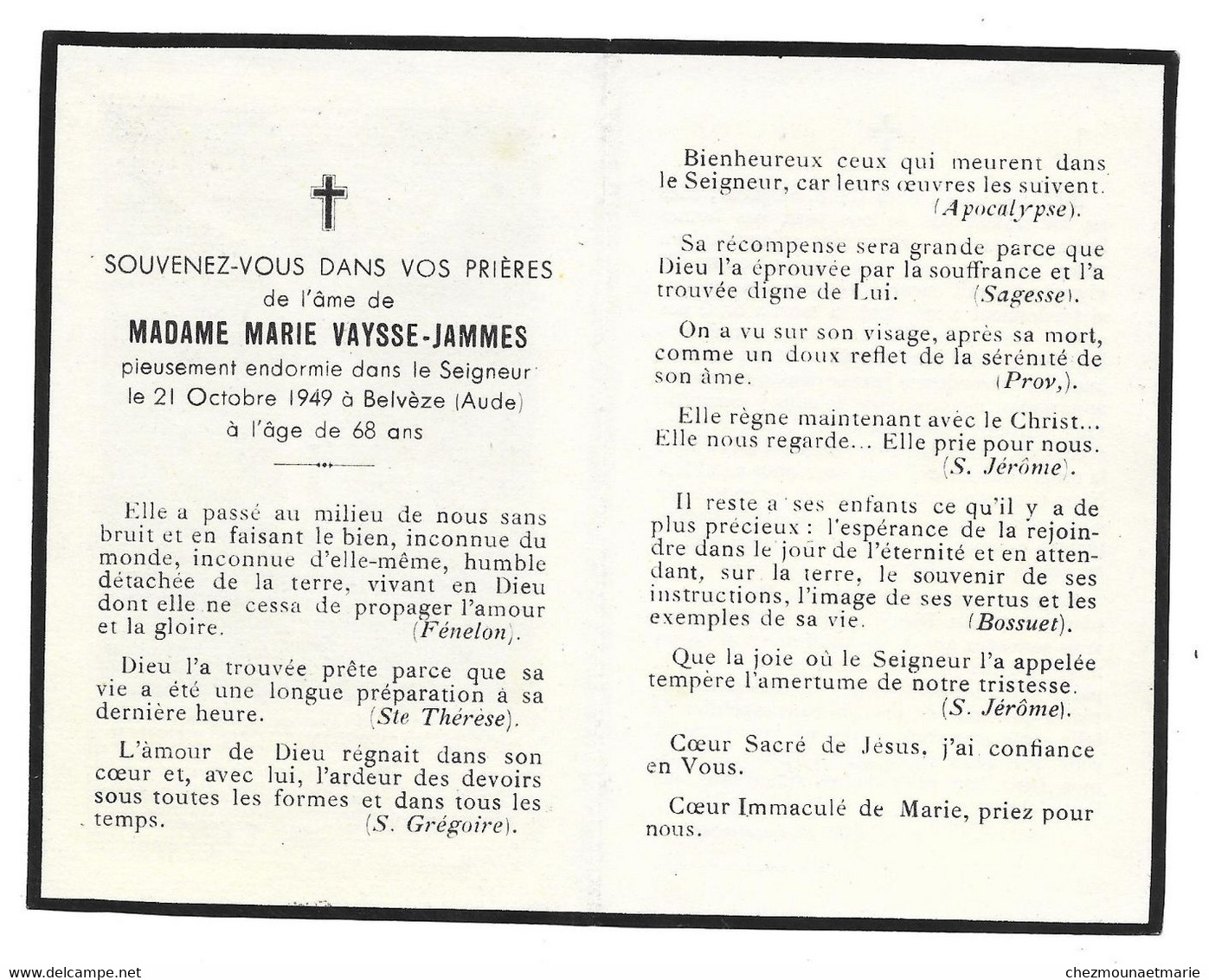 1949 BELVEZE (AUDE) - VAYSSE JAMMES MARIE DECEDEE A L AGE DE 68 ANS - AVIS DE DECES - Décès