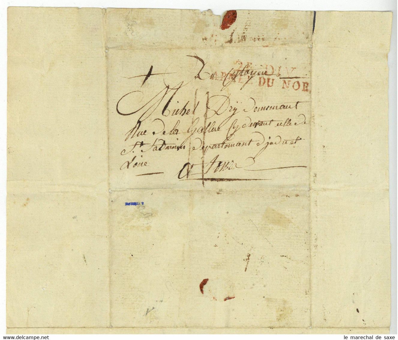 2e DIV. ARMEE DU NORD Houthem Furnes Veurne Belgique 1794 Lettre Soldat 1er Bataillon D'Indre Et Loire Tours - Army Postmarks (before 1900)
