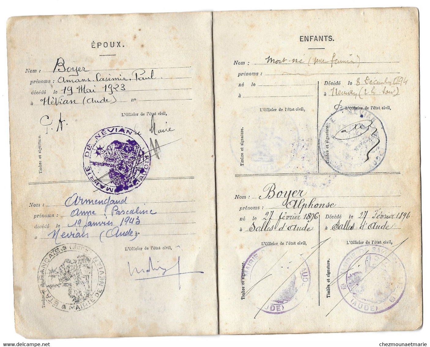 1893 NEVIAN (AUDE) - AMANS BOYER FILS DE ROSALIE HOURMET ET ANNE ARMENGAUD FILLE DE MARGUERITE RODIERE - LIVRET FAMILLE - Documents Historiques
