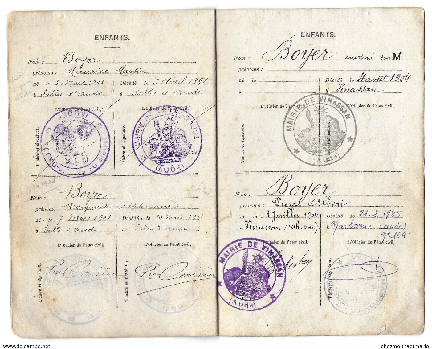 1893 NEVIAN (AUDE) - AMANS BOYER FILS DE ROSALIE HOURMET ET ANNE ARMENGAUD FILLE DE MARGUERITE RODIERE - LIVRET FAMILLE - Documents Historiques