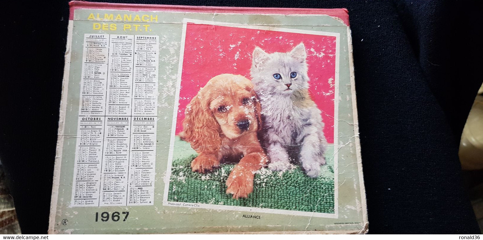 Grand CALENDRIER PTT ALMANACH 1967 Indre 36 Chateauroux Photo CHIEN CHAT Et Dictionnaire Des Communes De France - Grand Format : 1961-70