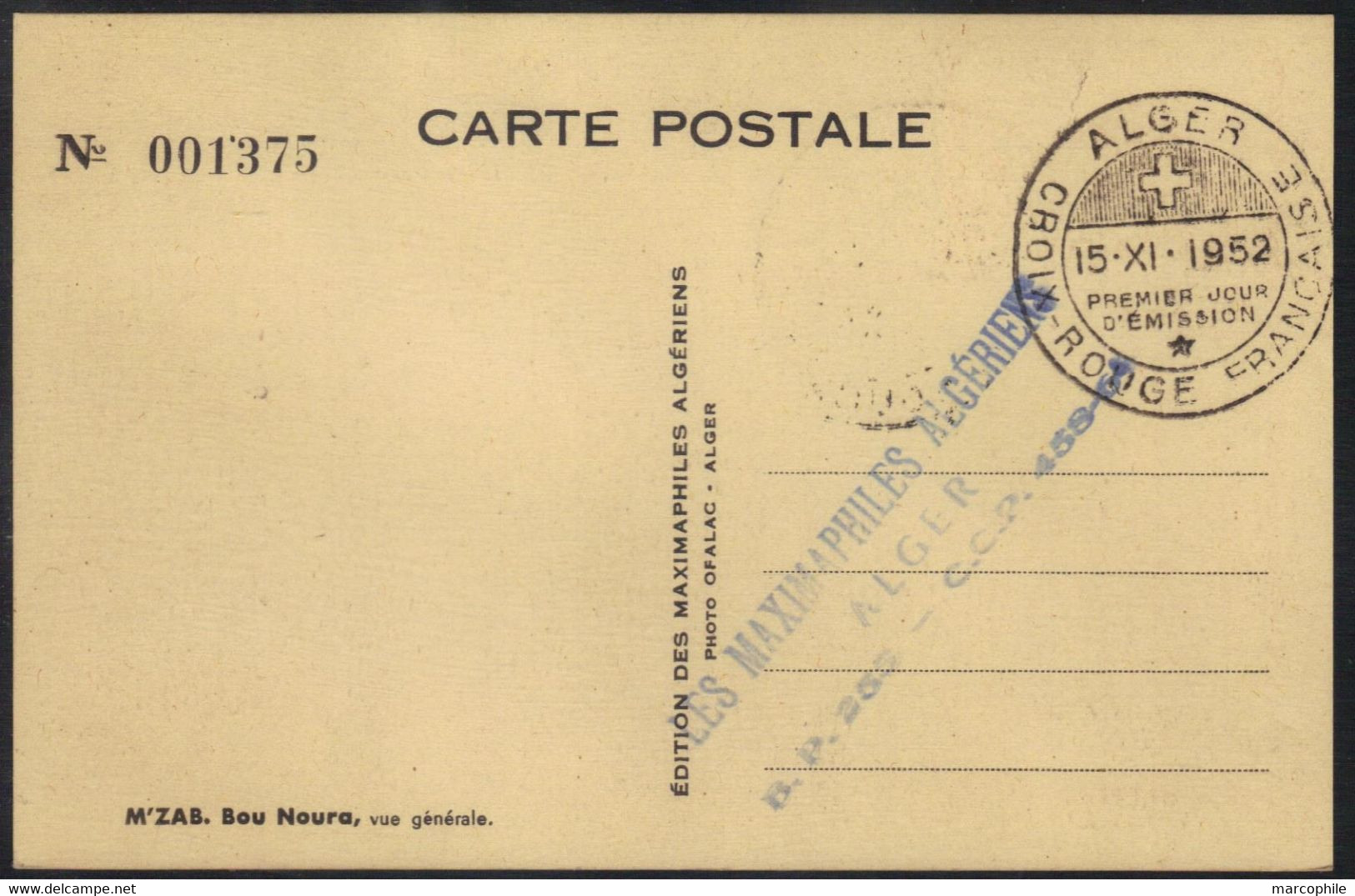 ALGERIE - CROIX ROUGE - RED CCROSS / 1952 CARTE MAXIMUM PREMIER JOUR NUMEROTEE (ref 6418) - FDC