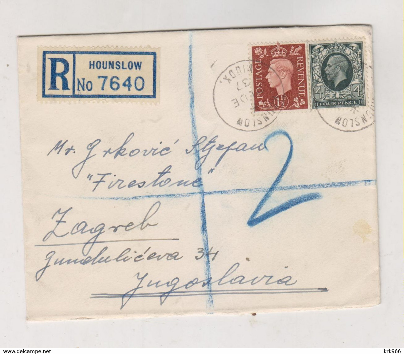 GREAT BRITAIN 1937 HOUNSLOW Registered Cover To Yugoslavia - Covers & Documents