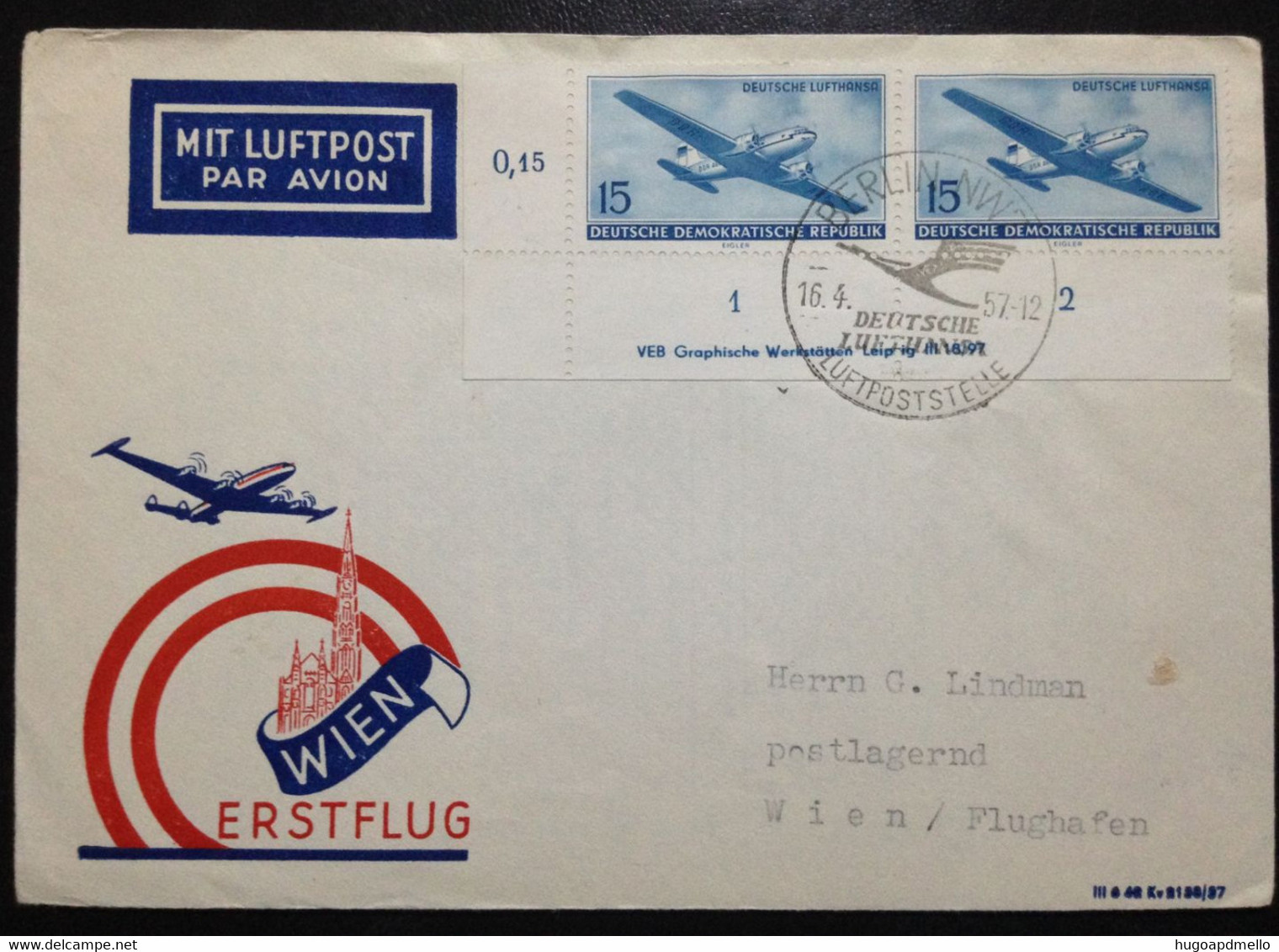 DDR GERMANY Circulated Cover To Vienna, « FIRST FLIGHT », 1957 - Storia Postale